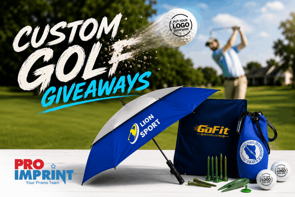 Custom golf giveaway products including branded golf balls, umbrella, tees, and accessories for businesses