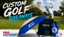 Custom golf giveaway products including branded golf balls, umbrella, tees, and accessories for businesses