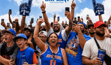 Fans at the New York Knicks Victory Parade using branded foam fingers, apparel, and drinkware, illustrating the role of promotional products in event engagement and brand visibility.
