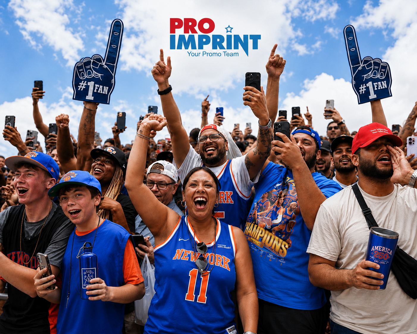 Fans at the New York Knicks Victory Parade using branded foam fingers, apparel, and drinkware, illustrating the role of promotional products in event engagement and brand visibility.