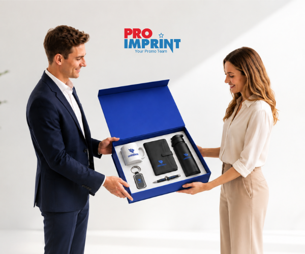 New hire receiving a branded welcome kit box with mug, notebook, keychain, and water bottle