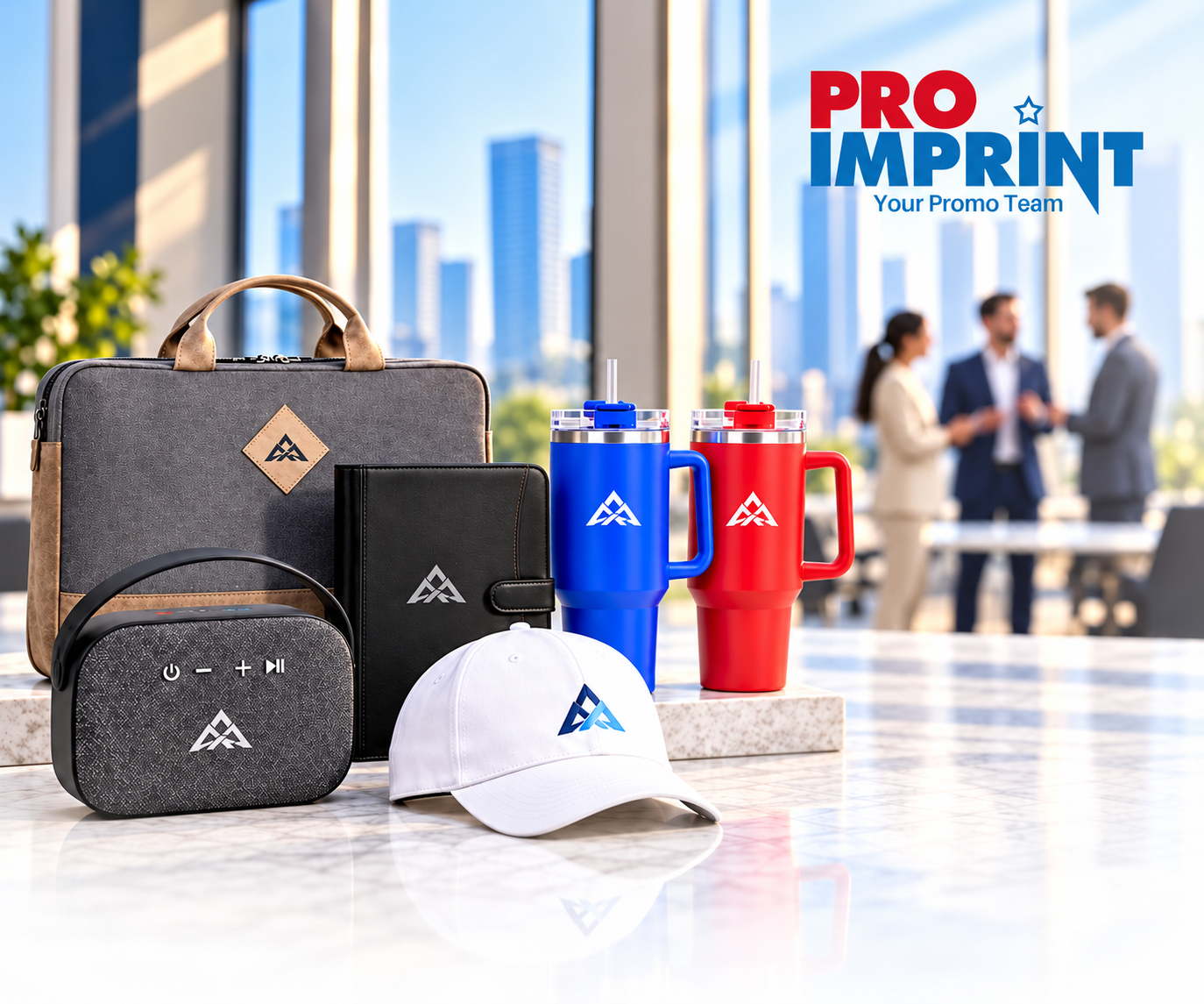 Customized corporate gifts, including a bag, portfolio, speaker, tumblers, and cap, with business professionals in the background