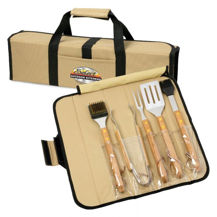 5 Piece Bamboo BBQ Sets in Roll-Up Case