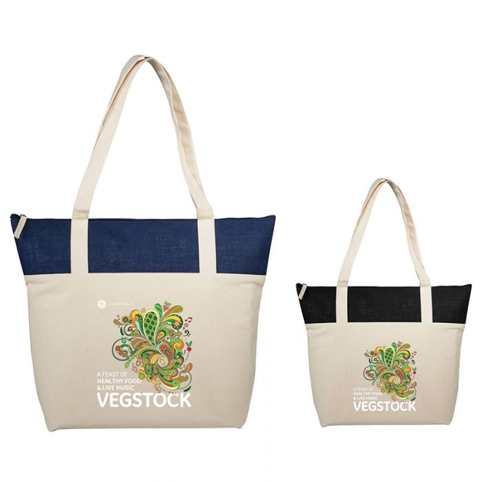 Printed 12 Oz Cotton and Jute Accent Zippered Tote Bags