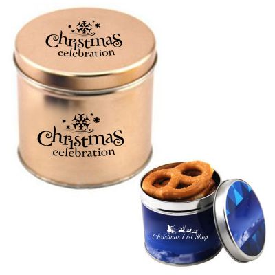 Custom Printed Round Tins Filled with Large Pretzels