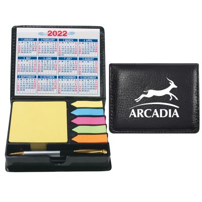 Square Leather Look Case of Sticky Notes with Calendar and Pen