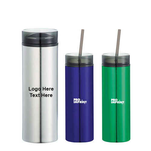Promotional 15 Oz Skinny Stainless Tumblers with Straws