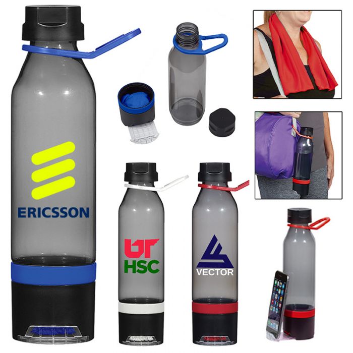 22 Oz Promotional Energy Sports Bottles with Phone Holder and Cooling Towel