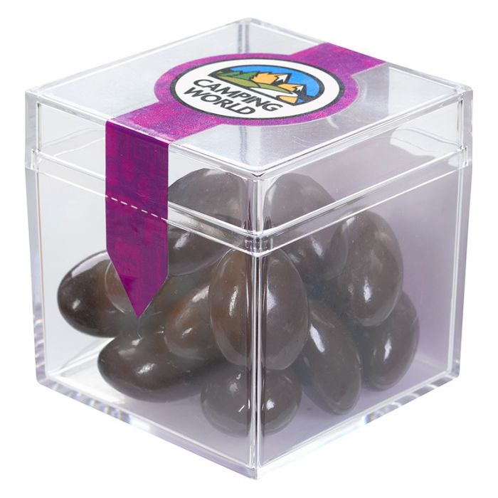 Cube Shaped Acrylic Container with Chocolate Almonds