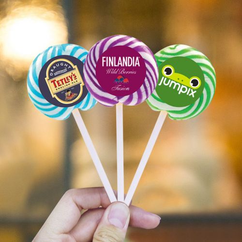 promotional swirl lollipop with round label