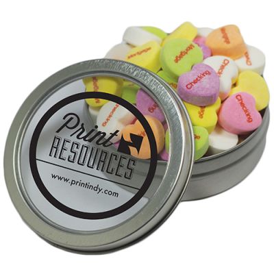 Promotional Short Round Tins with Conversation Hearts