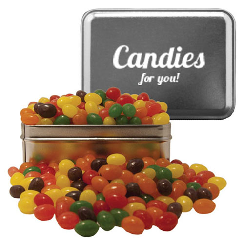 custom imprinted small rectangle tin with jelly beans