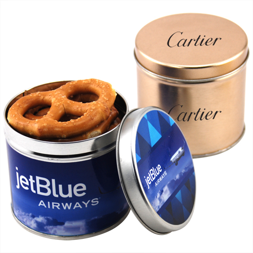 Promotional Round tin filled with Large Pretzels