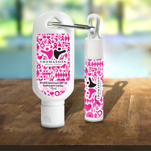 Printed SPF30 Sunscreen Lotions with Carabiner and SPF15 Lip Balms