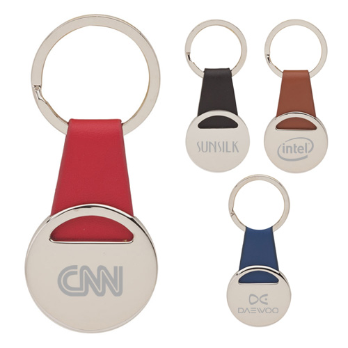 custom key rings with chrome disk and leather strap