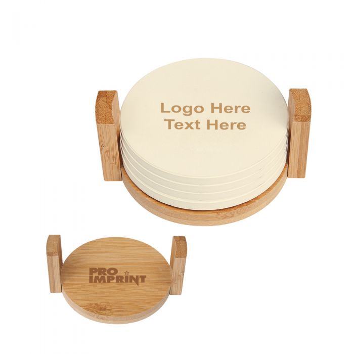 4 Piece Round Coaster Set with Bamboo Holders Imprinted  Blank  Sample